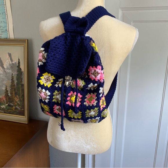 Handmade Crochet Granny Square Knit Backpack Purse - Picture 1 of 11